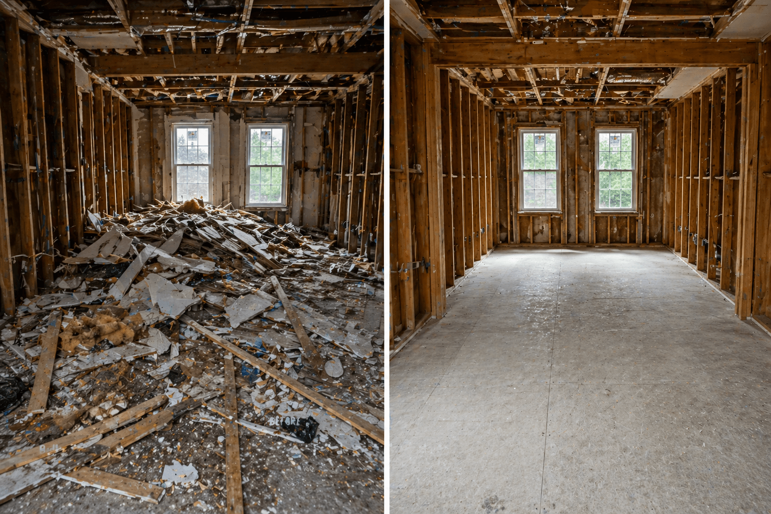 Before and after debris hauling: messy job site versus cleared construction debris in Riverside County