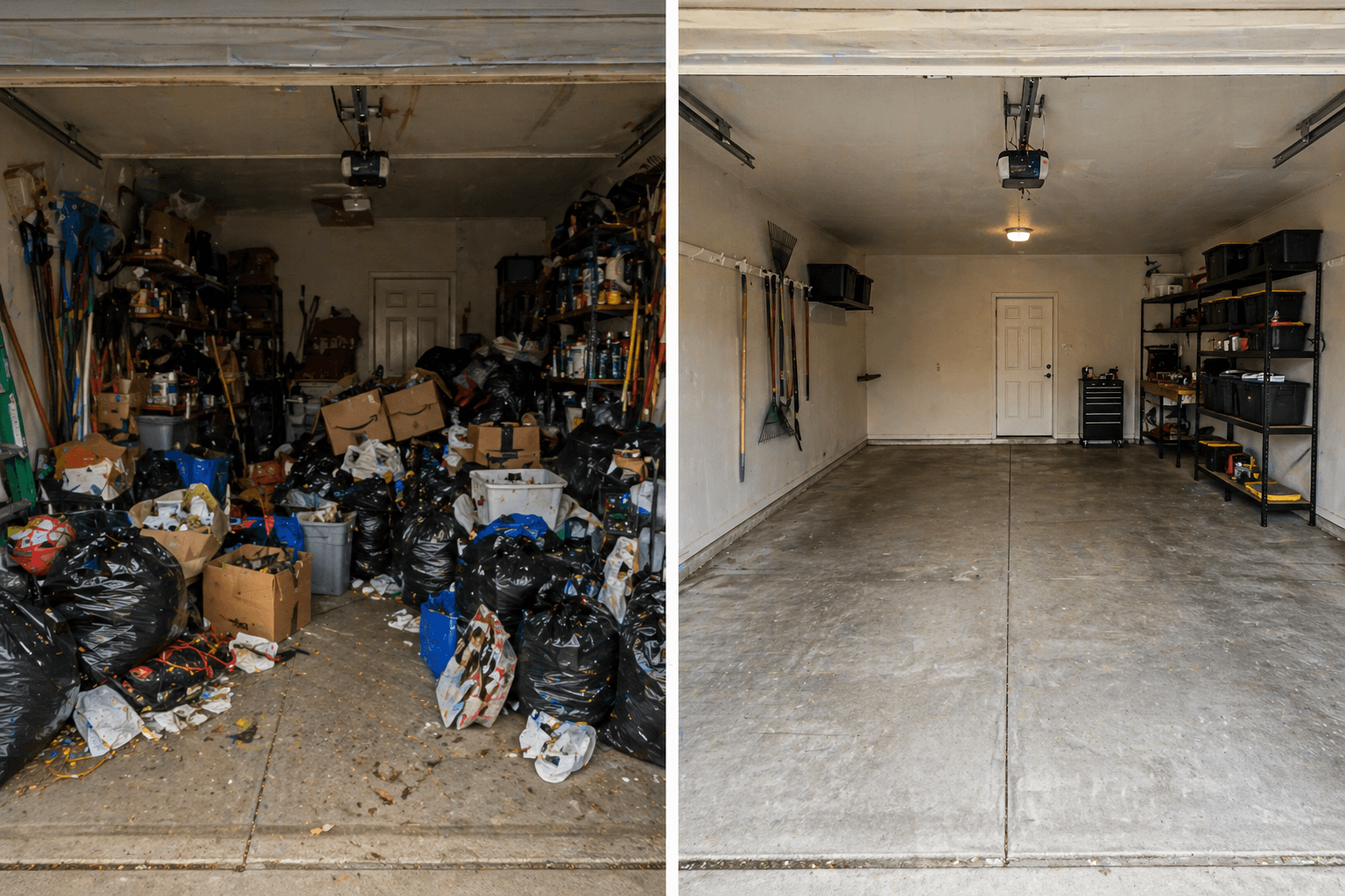 Before and after garage cleanout: cluttered garage storage versus cleared space after junk removal