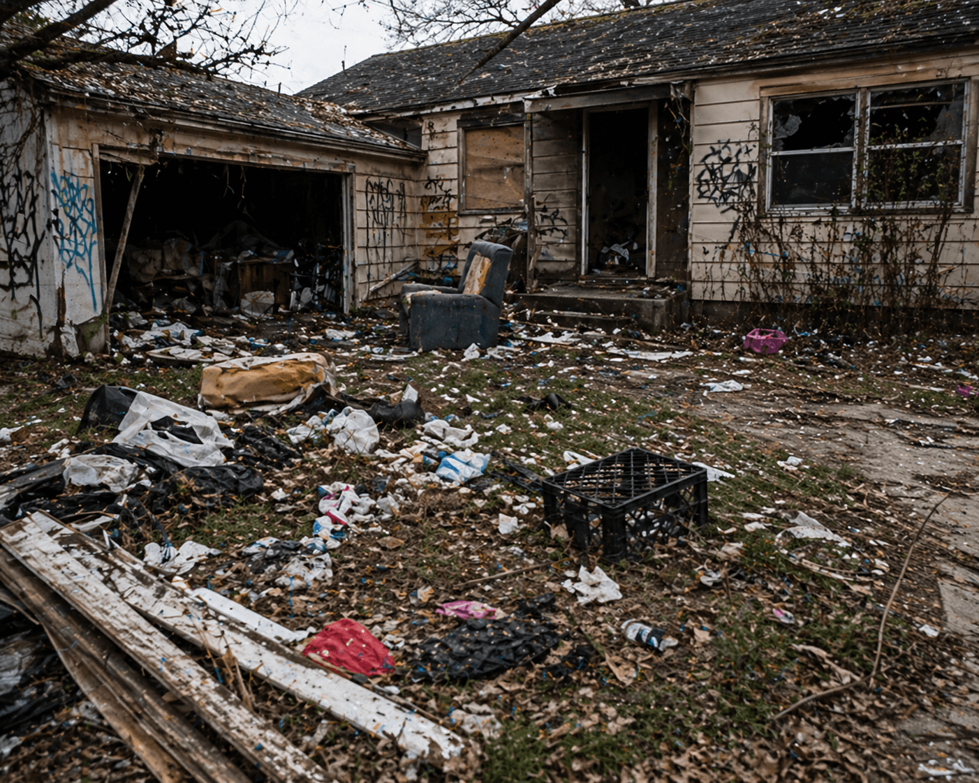 Abandoned property cleanout with trash and debris