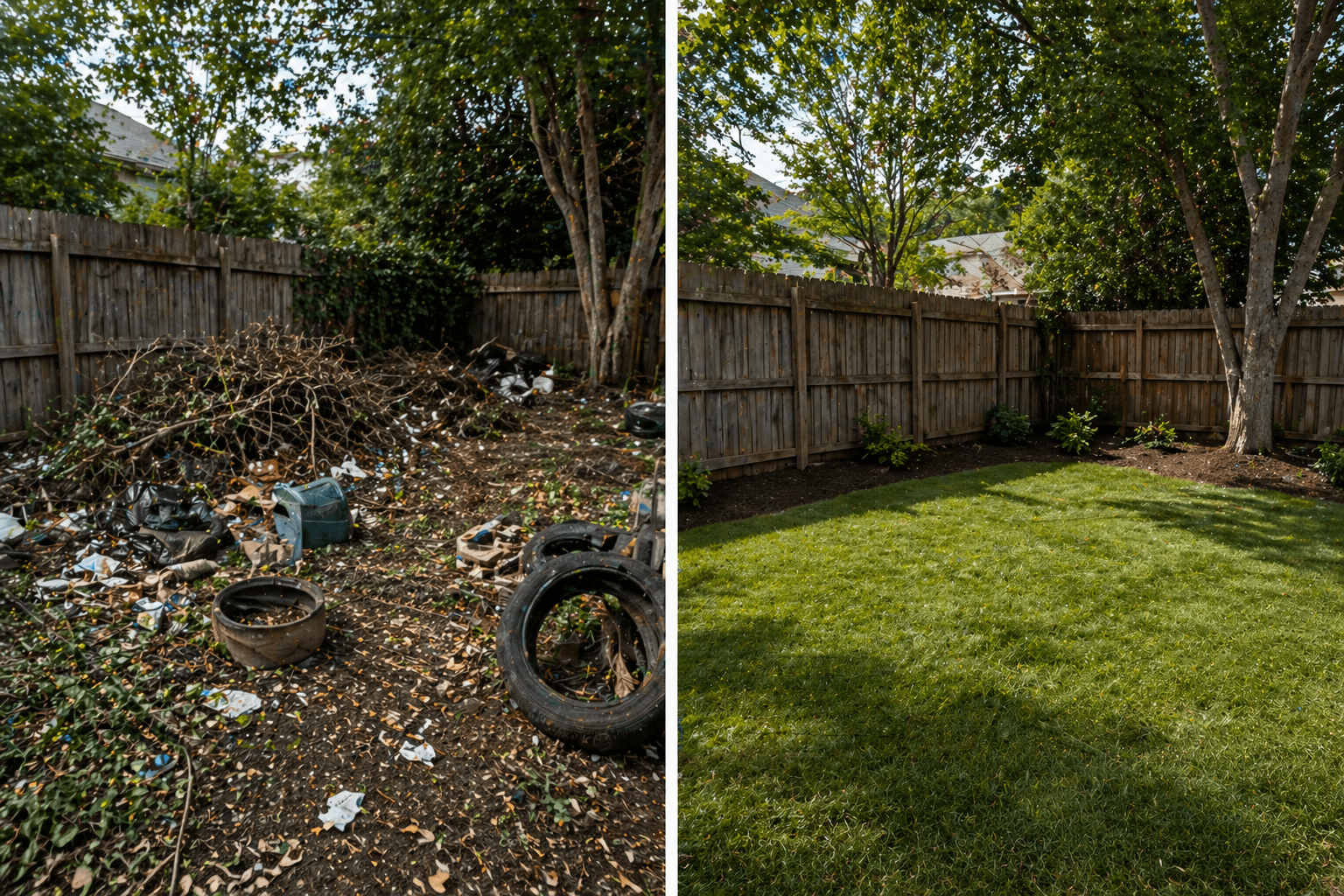 Before and after yard cleanup: overgrown yard debris versus neat curb appeal in the Inland Empire