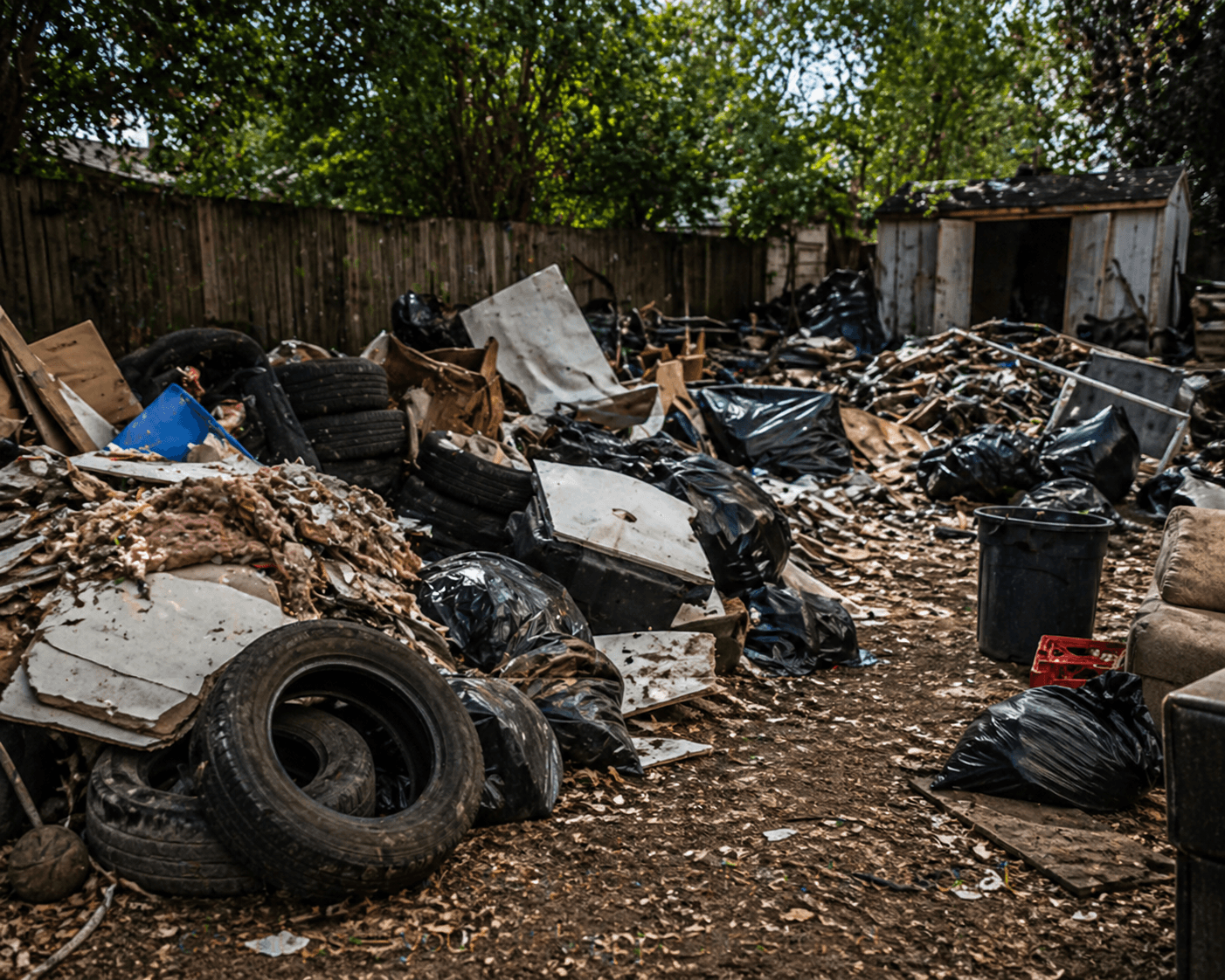 Yard debris and old tires before cleanup